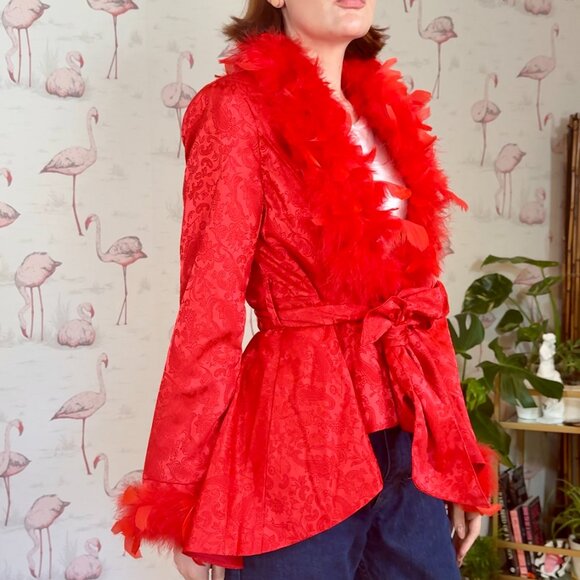 Dollskill Red Brocade and Feather Jacket Size M - Picture 5 of 9